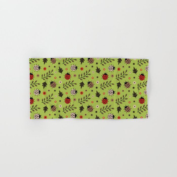 Ladybug and Floral Seamless Pattern on Light Green Background Hand & Bath Towel
