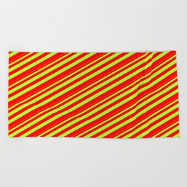 [ Thumbnail: Light Green and Red Colored Stripes Pattern Beach Towel ]