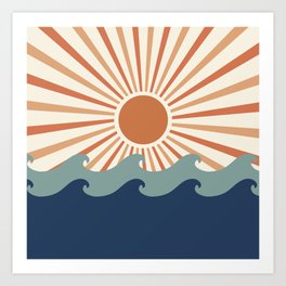 Retro, Sun and Wave Art, Blue and Orange Art Print