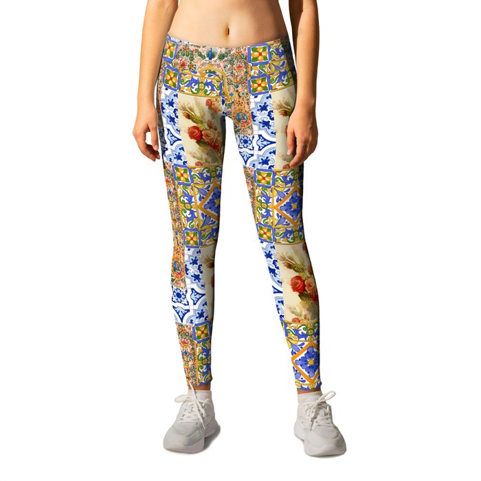 Italian,Sicilian art,holy Mary,Virgin Mary,maiolica,tiles,vintage roses  Leggings