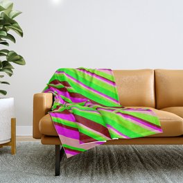 [ Thumbnail: Vibrant Fuchsia, Light Pink, Green, Lime, and Maroon Colored Pattern of Stripes Throw Blanket ]