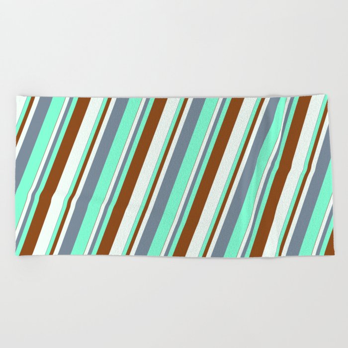 Light Slate Gray, Aquamarine, Brown & Mint Cream Colored Stripes/Lines Pattern Beach Towel