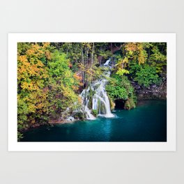 Waterfall And Lake in Autumn Forest Art Print