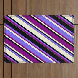 [ Thumbnail: Medium Slate Blue, Purple, Beige & Black Colored Lined Pattern Outdoor Rug ]