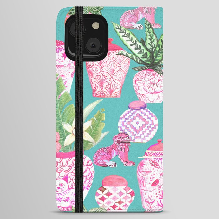 Pink Chinese ginger jars on teal with calathea plants and palms iPhone Wallet Case