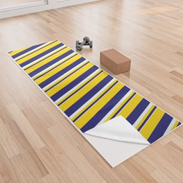 [ Thumbnail: Mint Cream, Midnight Blue & Yellow Colored Lines/Stripes Pattern Yoga Towel ]