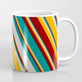 [ Thumbnail: Dark Cyan, Light Gray, Orange & Dark Red Colored Lines Pattern Coffee Mug ]