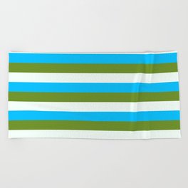 [ Thumbnail: Deep Sky Blue, Green, and Mint Cream Colored Striped/Lined Pattern Beach Towel ]