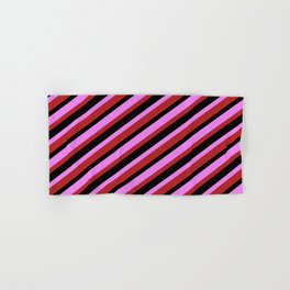 [ Thumbnail: Violet, Red & Black Colored Lines/Stripes Pattern Hand & Bath Towel ]