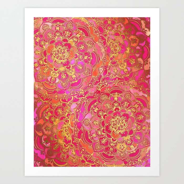 Hot Pink and Gold Baroque Floral Pattern Art Print