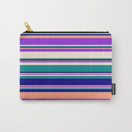 [ Thumbnail: Eyecatching Light Salmon, Purple, Beige, Dark Cyan & Blue Colored Lined/Striped Pattern Carry-All Pouch ]