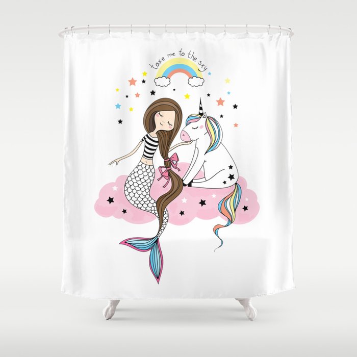 Mermaid & Unicorn White background Shower Curtain