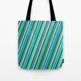 [ Thumbnail: Eye-catching Cyan, Royal Blue, Light Pink, Sea Green & Green Colored Striped Pattern Tote Bag ]