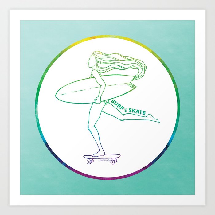 Surf Skate Cruise | California Skater Surfer Girl Design | Beach Inspired Artwork | Tie Dye Aqua Aesthetic Art Print