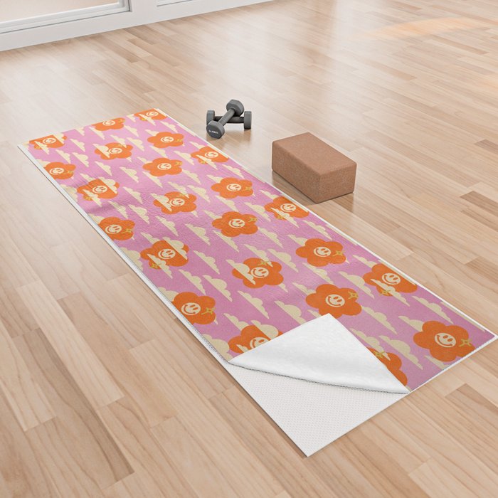 Cute Retro Smiley Flowers Pattern (pink & orange) Yoga Towel