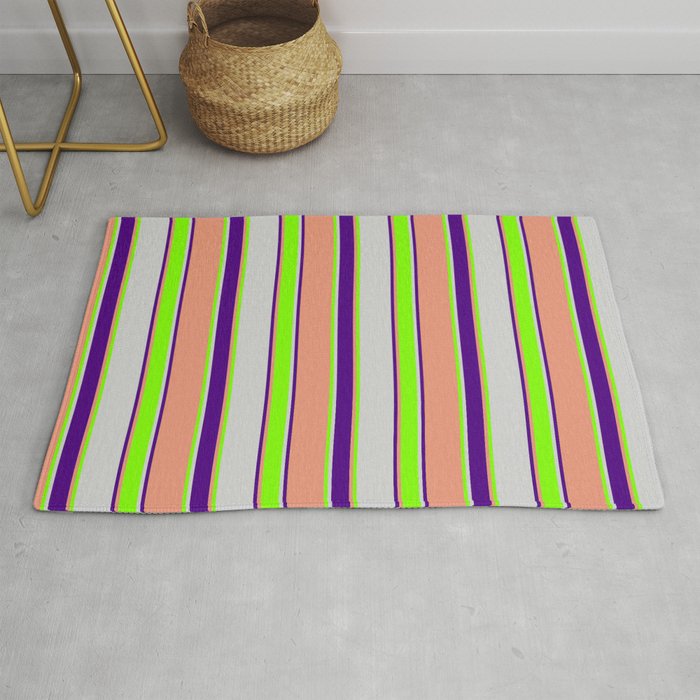 Light Grey, Chartreuse, Dark Salmon, and Indigo Colored Striped/Lined Pattern Rug