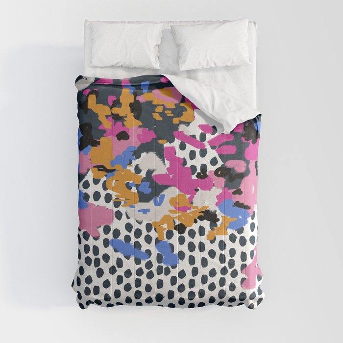 Kenzi - Flowers with Dots - Floral Abstract, graphic design print pattern Comforter