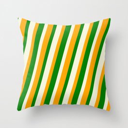 [ Thumbnail: Beige, Orange & Green Colored Lined/Striped Pattern Throw Pillow ]