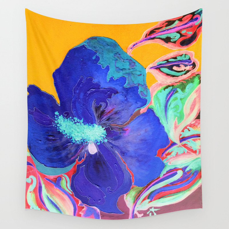 Birthday Acrylic Blue Orange Hibiscus Flower Painting With Red And