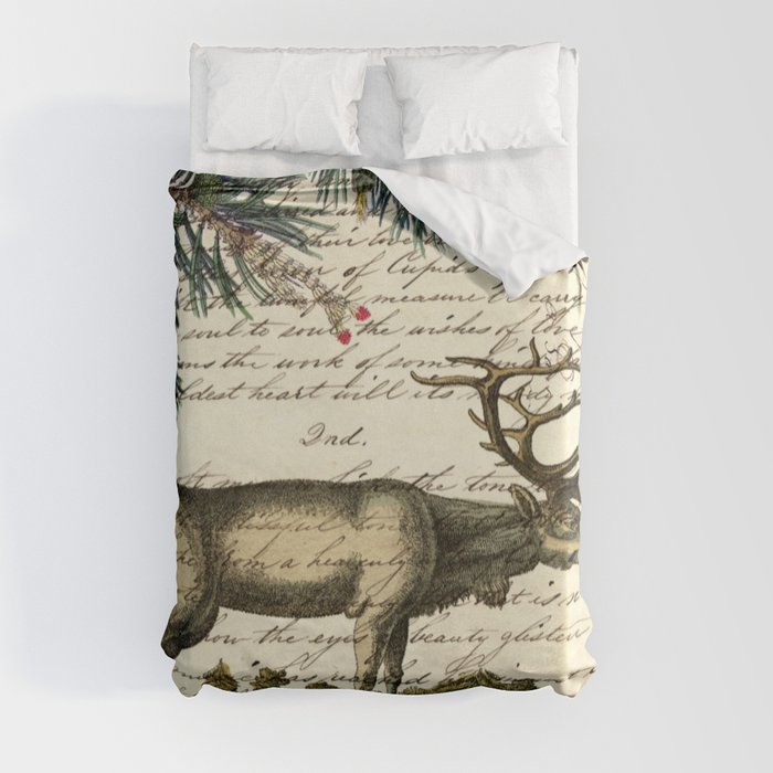 western country primitive christmas mountain animal wildlife winter pine tree elk Duvet Cover