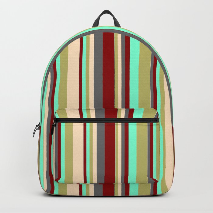 Aquamarine, Dark Khaki, Bisque, Dim Gray & Dark Red Colored Striped/Lined Pattern Backpack