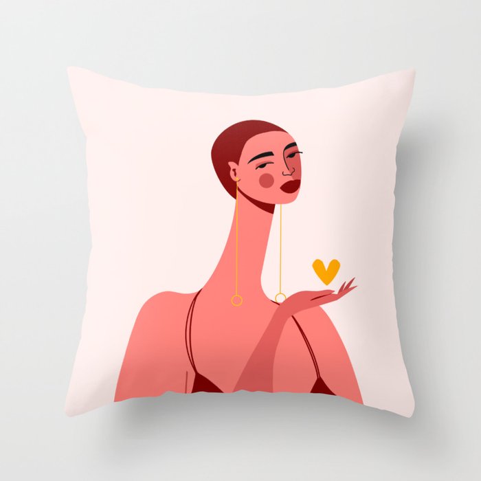 Girl With Yellow Heart Throw Pillow