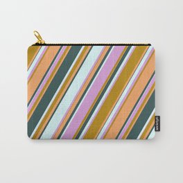 [ Thumbnail: Vibrant Dark Goldenrod, Brown, Dark Slate Gray, Light Cyan, and Plum Colored Lined Pattern Carry-All Pouch ]