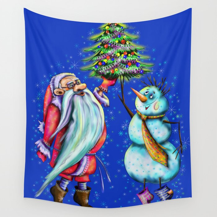 Santa Claus and Snowman are decorating the Christmas tree Wall Tapestry