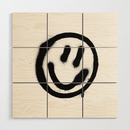 graffiti smiling face emoticon in black on white Wood Wall Art