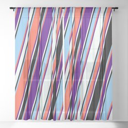 [ Thumbnail: Eyecatching Red, Indigo, Mint Cream, Black, and Light Sky Blue Colored Pattern of Stripes Sheer Curtain ]