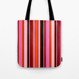 [ Thumbnail: Eye-catching Hot Pink, Black, Red, Dark Red, and Pink Colored Stripes/Lines Pattern Tote Bag ]