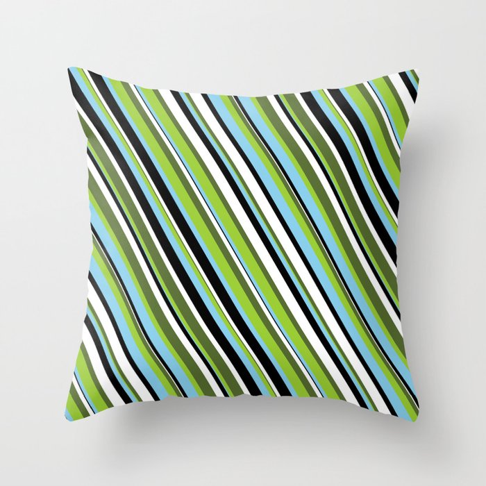 Eye-catching Dark Olive Green, Green, Sky Blue, Black & White Colored Stripes/Lines Pattern Throw Pillow