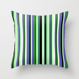 [ Thumbnail: Colorful Forest Green, Slate Blue, White, Green, and Black Colored Stripes Pattern Throw Pillow ]