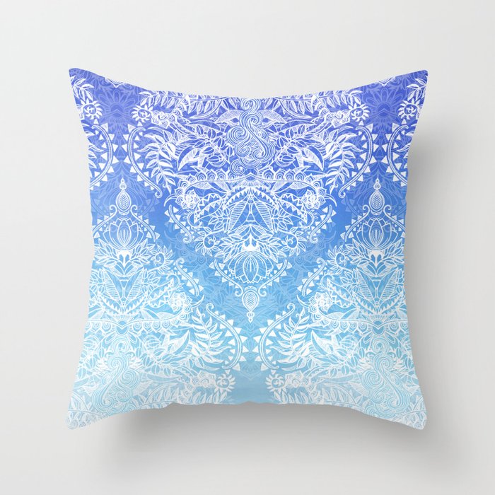 Out of the Blue - White Lace Doodle in Ombre Aqua and Cobalt Throw Pillow
