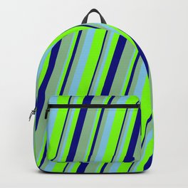 [ Thumbnail: Sky Blue, Chartreuse, Blue & Dark Sea Green Colored Lines Pattern Backpack ]