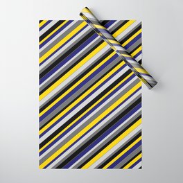 [ Thumbnail: Vibrant Light Gray, Dim Gray, Black, Yellow, and Midnight Blue Colored Stripes Pattern Wrapping Paper ]