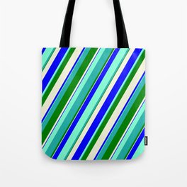 [ Thumbnail: Vibrant Aquamarine, Light Sea Green, Green, Beige, and Blue Colored Lines Pattern Tote Bag ]