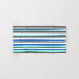 [ Thumbnail: Colorful Royal Blue, Aquamarine, Dim Grey, Dark Grey & Mint Cream Colored Lined/Striped Pattern Hand & Bath Towel ]