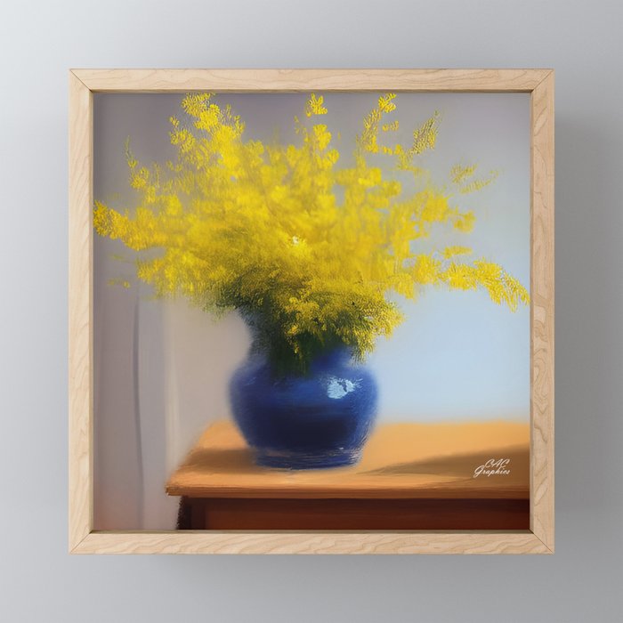 Forsythia in Blue Vase Framed Mini Art Print