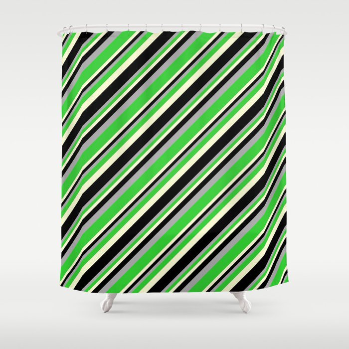 Dark Grey, Lime Green, Light Yellow, and Black Colored Pattern of Stripes Shower Curtain