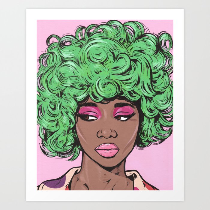 Green Kawaii Black Comic Girl Art Print