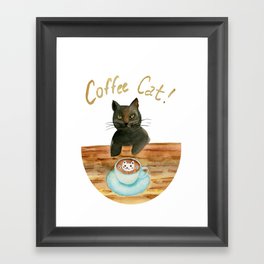Black Cat Drinking Coffee Framed Art Print