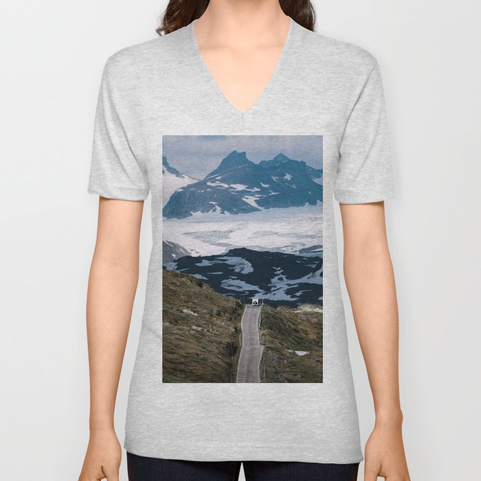 Camper Van along a mountain road in Norway V Neck T Shirt