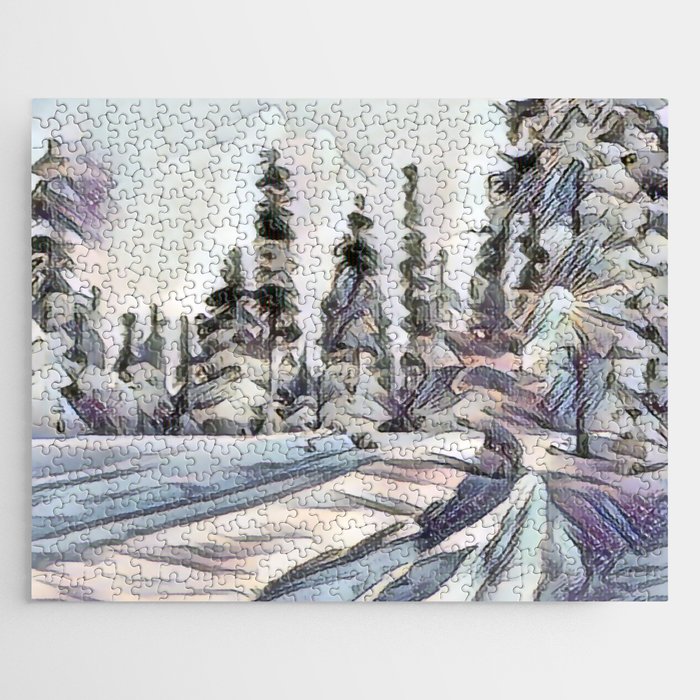 Snowed forest trees in winter season - an artistic illustration artwork Jigsaw Puzzle