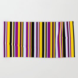 [ Thumbnail: Yellow, Purple, Lavender & Black Colored Striped/Lined Pattern Beach Towel ]