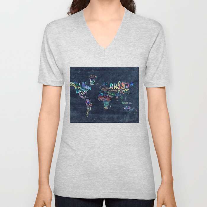 world map typography watercolor 4 V Neck T Shirt