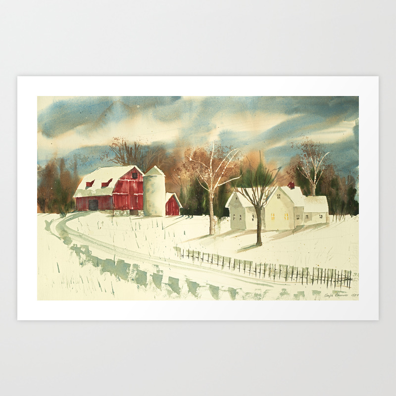 Homestead Watercolor Painting Red Barn Rural Midwest Art