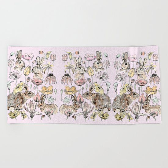 rabbits and flowers with color Beach Towel