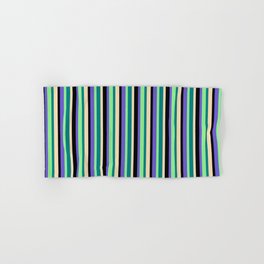[ Thumbnail: Eye-catching Slate Blue, Black, Tan, Teal & Light Green Colored Stripes/Lines Pattern Hand & Bath Towel ]