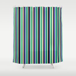 [ Thumbnail: Eye-catching Slate Blue, Black, Tan, Teal & Light Green Colored Stripes/Lines Pattern Shower Curtain ]